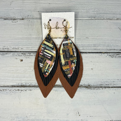 INDIA - Leather Earrings   ||  <BR> FALL ABSTRACT BRUSHSTROKES,  <BR>  BLACK PALMS, <BR> MATTE CAMEL BROWN