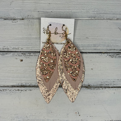 INDIA - Leather Earrings   ||  <BR> ROSE GOLD LACE GLITTER (FAUX LEATHER),  <BR>  MATTE BLUSH PINK, <BR>  METALLIC ROSE GOLD PEBBLED