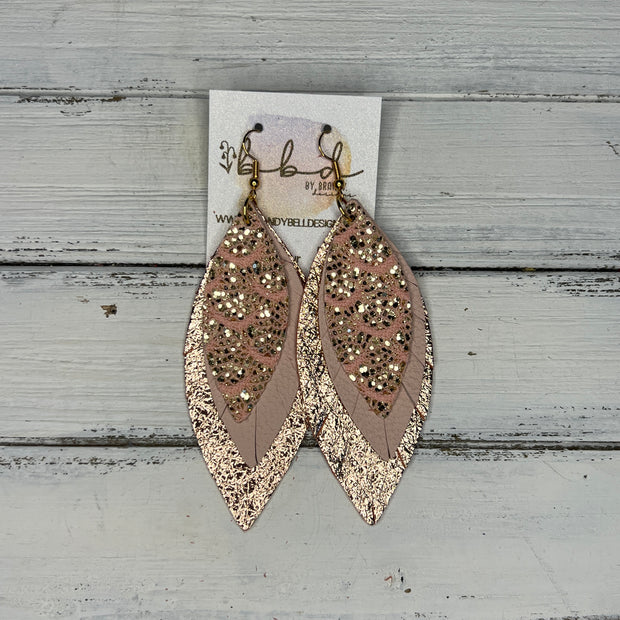 INDIA - Leather Earrings   ||  <BR> ROSE GOLD LACE GLITTER (FAUX LEATHER),  <BR>  MATTE BLUSH PINK, <BR>  METALLIC ROSE GOLD PEBBLED