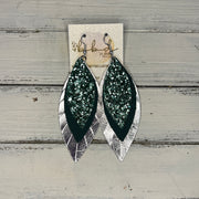 INDIA - Leather Earrings   ||  <BR> SAGE GLITTER (FAUX LEATHER),  <BR>  MATTE SPRUCE GREEN, <BR>  METALLIC SILVER SMOOTH