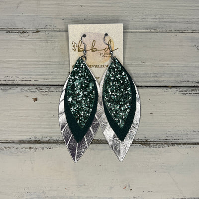 INDIA - Leather Earrings   ||  <BR> SAGE GLITTER (FAUX LEATHER),  <BR>  MATTE SPRUCE GREEN, <BR>  METALLIC SILVER SMOOTH