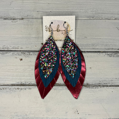 INDIA - Leather Earrings   ||  <BR> TREASURE CHEST GLITTER (FAUX LEATHER),  <BR>  TEAL PALMS, <BR>  METALLIC BURGUNDY SMOOTH