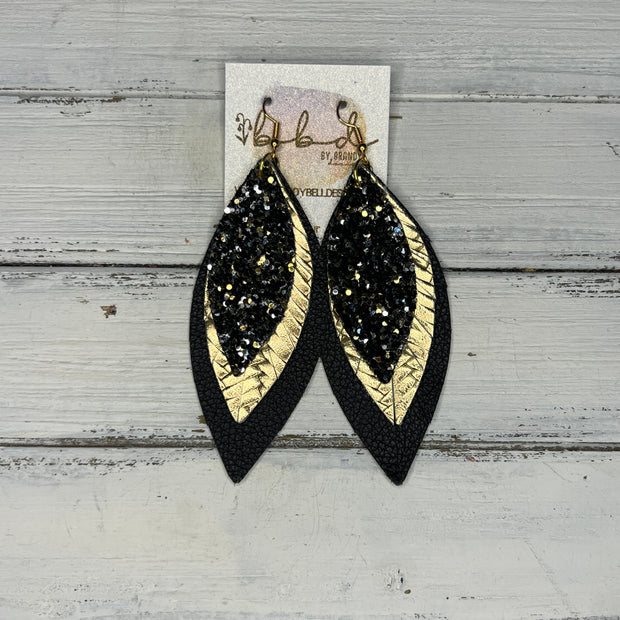 INDIA - Leather Earrings   ||  <BR> NEW YEARS EVE GLITTER (FAUX LEATHER),  <BR>  METALLIC GOLD BRAID, <BR>  MATTE BLACK