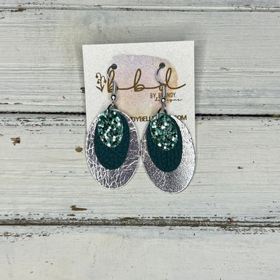 DIANE - Leather Earrings   ||  <BR> SAGE GLITTER (FAUX LEATHER),  <BR>  MATTE SPRUCE GREEN, <BR>  METALLIC SILVER SMOOTH