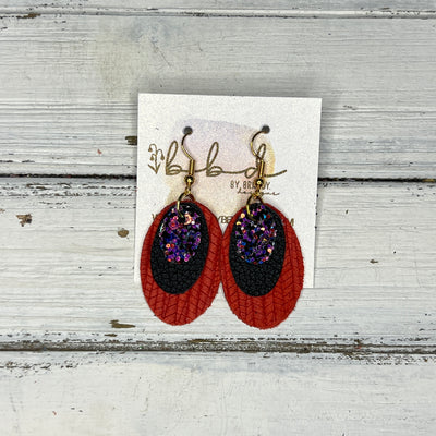 DIANE - Leather Earrings   ||  <BR> IRIDESCENT PURPLE GLITTER (FAUX LEATHER),  <BR>  MATTE BLACK, <BR> ORANGE/RED PALMS