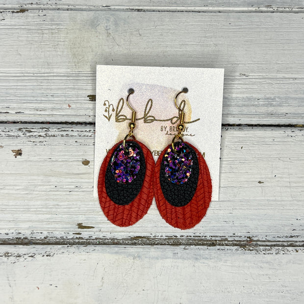 DIANE - Leather Earrings   ||  <BR> IRIDESCENT PURPLE GLITTER (FAUX LEATHER),  <BR>  MATTE BLACK, <BR> ORANGE/RED PALMS