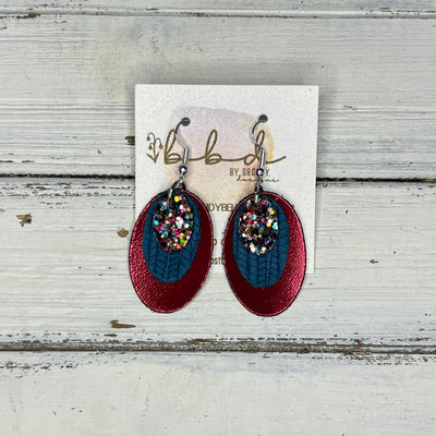 DIANE - Leather Earrings   ||  <BR> TREASURE CHEST GLITTER (FAUX LEATHER),  <BR>  TEAL PALMS, <BR>  METALLIC BURGUNDY SMOOTH