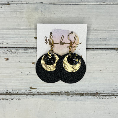 GRAY - Leather Earrings   ||  <BR> NEW YEARS EVE GLITTER (FAUX LEATHER),  <BR>  METALLIC GOLD BRAID, <BR>  MATTE BLACK
