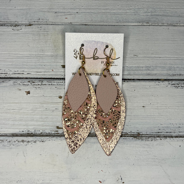 DOROTHY - Leather Earrings   ||  <BR>  MATTE BLUSH PINK, <BR> ROSE GOLD LACE GLITTER (FAUX LEATHER),  <BR>  METALLIC ROSE GOLD PEBBLED