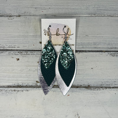 DOROTHY - Leather Earrings   ||  <BR> SAGE GLITTER (FAUX LEATHER),  <BR>  MATTE SPRUCE GREEN, <BR>  METALLIC SILVER SMOOTH