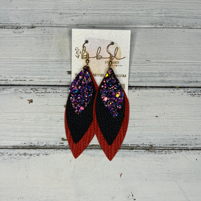 DOROTHY - Leather Earrings   ||  <BR> IRIDESCENT PURPLE GLITTER (FAUX LEATHER),  <BR>  MATTE BLACK, <BR> ORANGE/RED PALMS