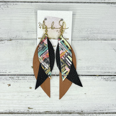 ANDY - Leather Earrings   ||  <BR> FALL ABSTRACT BRUSHSTROKES,  <BR>  BLACK PALMS, <BR> MATTE CAMEL BROWN