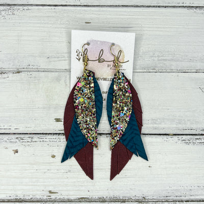 ANDY - Leather Earrings   ||  <BR> CHUNKY GOLD JEWELS GLITTER (FAUX LEATHER),  <BR>  TEAL BRAID, <BR> DISTRESSED BURGUNDY
