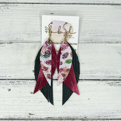 ANDY - Leather Earrings   ||  <BR> GLITTER LEAVES (FAUX LEATHER),  <BR>  METALLIC BURGUNDY, <BR> HUNTER GREEN PALMS