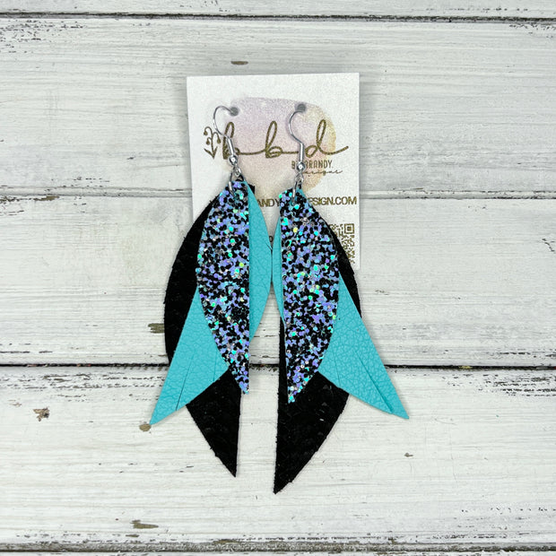 ANDY - Leather Earrings   ||  <BR> AQUA & BLACK GLITTER (FAUX LEATHER),  <BR>  ROBINS EGG BLUE, <BR> BLACK BRAID