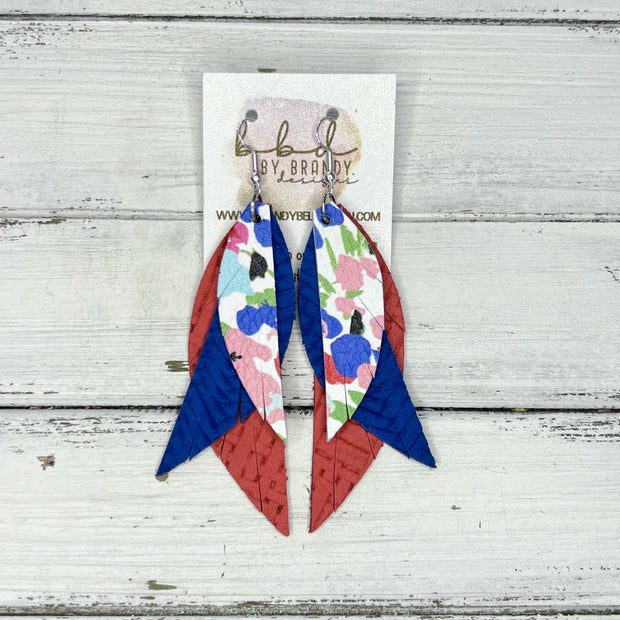 ANDY - Leather Earrings   ||  <BR> RAINBOW FIELD FLOWER,  <BR>  COBALT BLUE BRAID, <BR> RED PANAMA WEAVE