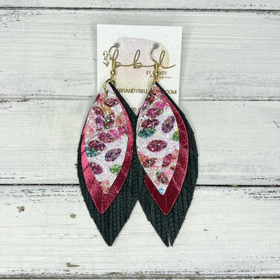 INDIA - Leather Earrings   ||  <BR> GLITTER LEAVES (FAUX LEATHER),  <BR>  METALLIC BURGUNDY, <BR> HUNTER GREEN PALMS