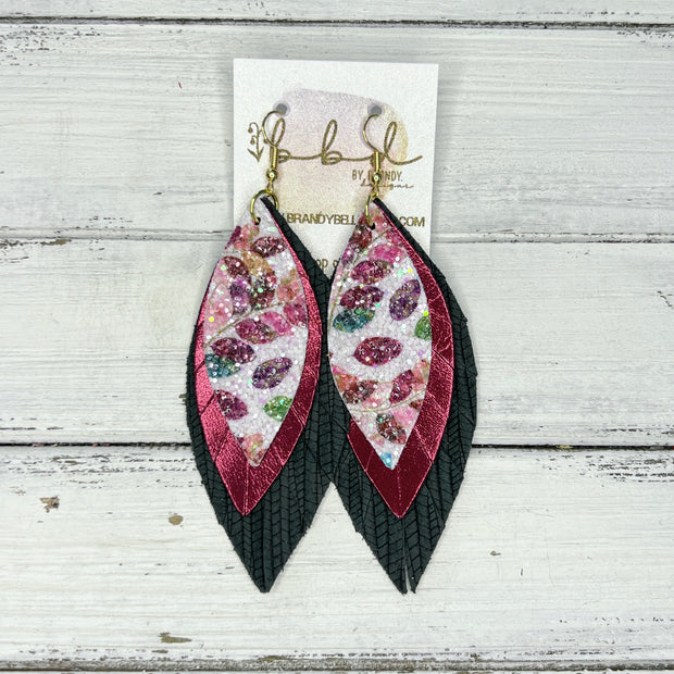INDIA - Leather Earrings   ||  <BR> GLITTER LEAVES (FAUX LEATHER),  <BR>  METALLIC BURGUNDY, <BR> HUNTER GREEN PALMS