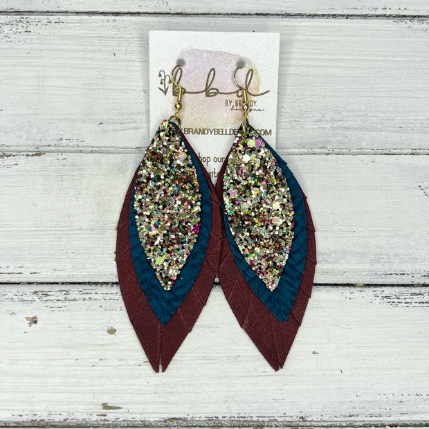 INDIA - Leather Earrings   ||  <BR> CHUNKY GOLD JEWELS GLITTER (FAUX LEATHER),  <BR>  TEAL BRAID, <BR> DISTRESSED BURGUNDY