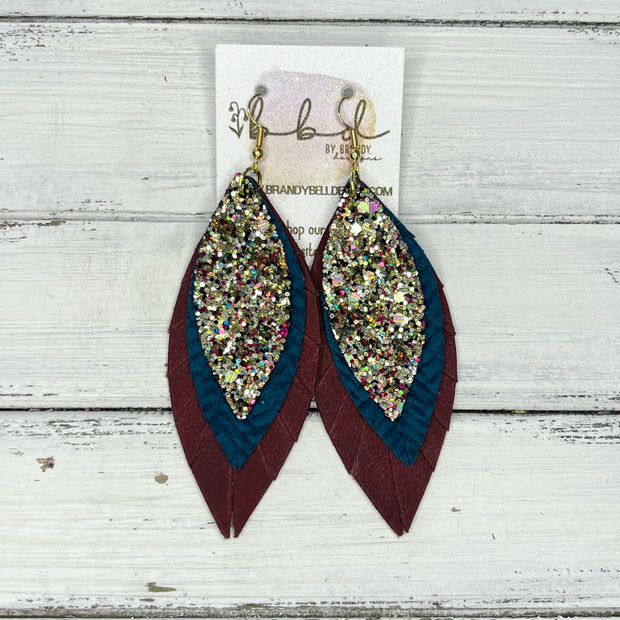 INDIA - Leather Earrings   ||  <BR> CHUNKY GOLD JEWELS GLITTER (FAUX LEATHER),  <BR>  TEAL BRAID, <BR> DISTRESSED BURGUNDY