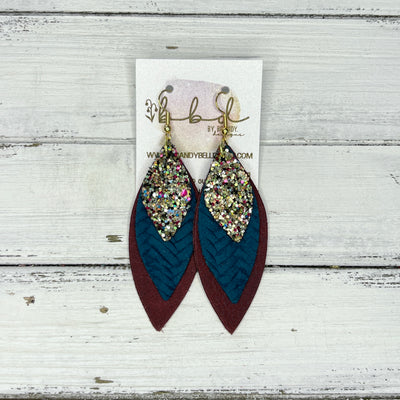 DOROTHY - Leather Earrings   ||  <BR> CHUNKY GOLD JEWELS GLITTER (FAUX LEATHER),  <BR>  TEAL BRAID, <BR> DISTRESSED BURGUNDY