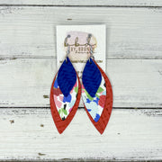DOROTHY - Leather Earrings   ||  <BR>  COBALT BLUE BRAID, <BR> RAINBOW FIELD FLOWER,  <BR> RED PANAMA WEAVE