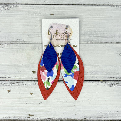 DOROTHY - Leather Earrings   ||  <BR>  COBALT BLUE BRAID, <BR> RAINBOW FIELD FLOWER,  <BR> RED PANAMA WEAVE
