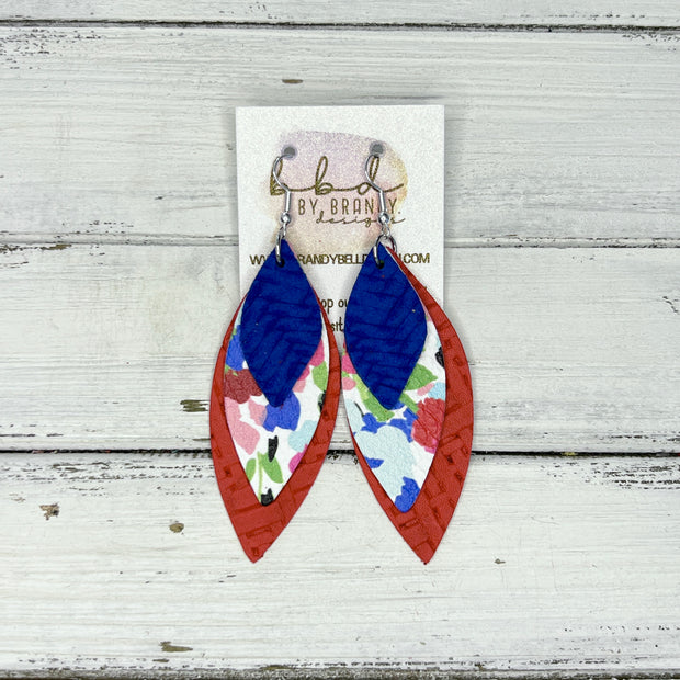 DOROTHY - Leather Earrings   ||  <BR>  COBALT BLUE BRAID, <BR> RAINBOW FIELD FLOWER,  <BR> RED PANAMA WEAVE