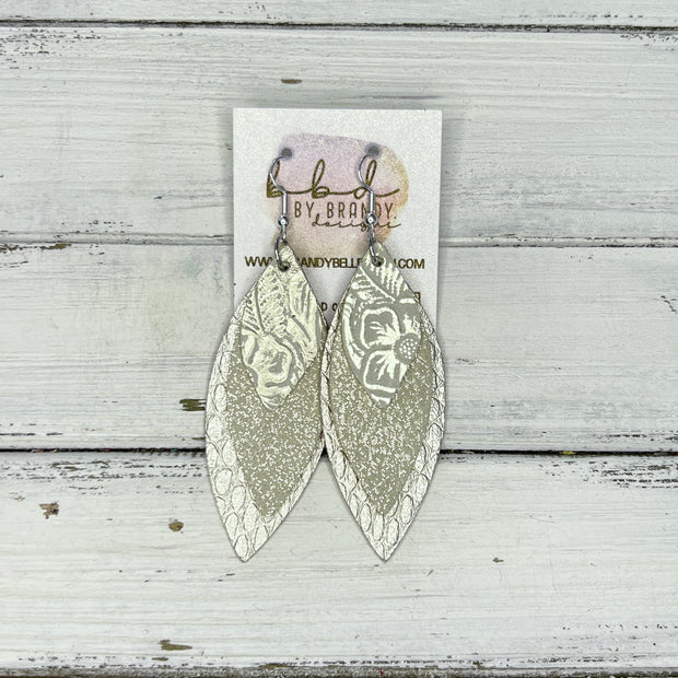 DOROTHY - Leather Earrings   ||  <BR> CHAMPAGNE WESTERN FLORAL,  <BR>  SHIMMER GOLD, <BR> METALLIC CHAMPAGNE COBRA