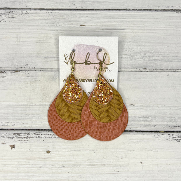 LINDSEY - Leather Earrings   ||  <BR> PUMPKIN PIE GLITTER (FAUX LEATHER),  <BR>  MUSTARD BRAID, <BR> BURNT ORANGE SAFFIANO