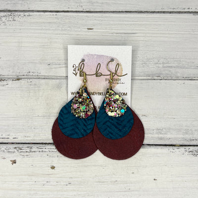 LINDSEY - Leather Earrings   ||  <BR> CHUNKY GOLD JEWELS GLITTER (FAUX LEATHER),  <BR>  TEAL BRAID, <BR> DISTRESSED BURGUNDY