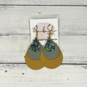 LINDSEY - Leather Earrings   ||  <BR> FOREST GLITTER (FAUX LEATHER),  <BR>  PEARLIZED OLIVE GREEN, <BR> MATTE MUSTARD YELLOW