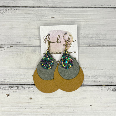 LINDSEY - Leather Earrings   ||  <BR> FOREST GLITTER (FAUX LEATHER),  <BR>  PEARLIZED OLIVE GREEN, <BR> MATTE MUSTARD YELLOW