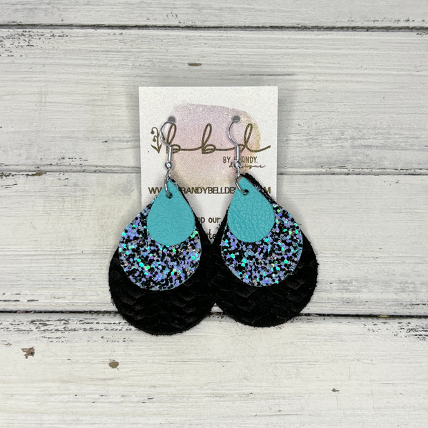 LINDSEY - Leather Earrings   ||  <BR>  ROBINS EGG BLUE, <BR> AQUA & BLACK GLITTER (FAUX LEATHER),  <BR> BLACK BRAID