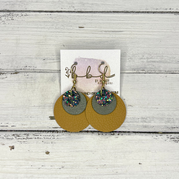 GRAY - Leather Earrings   ||  <BR> FOREST GLITTER (FAUX LEATHER),  <BR>  PEARLIZED OLIVE GREEN, <BR> MATTE MUSTARD YELLOW
