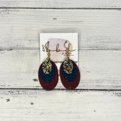 DIANE - Leather Earrings   ||  <BR> CHUNKY GOLD JEWELS GLITTER (FAUX LEATHER),  <BR>  TEAL BRAID, <BR> DISTRESSED BURGUNDY