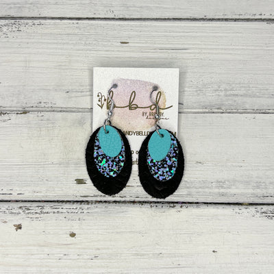 DIANE - Leather Earrings   ||  <BR>  ROBINS EGG BLUE, <BR> AQUA & BLACK GLITTER (FAUX LEATHER),  <BR> BLACK BRAID