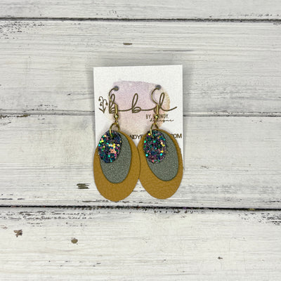 DIANE - Leather Earrings   ||  <BR> FOREST GLITTER (FAUX LEATHER),  <BR>  PEARLIZED OLIVE GREEN, <BR> MATTE MUSTARD YELLOW