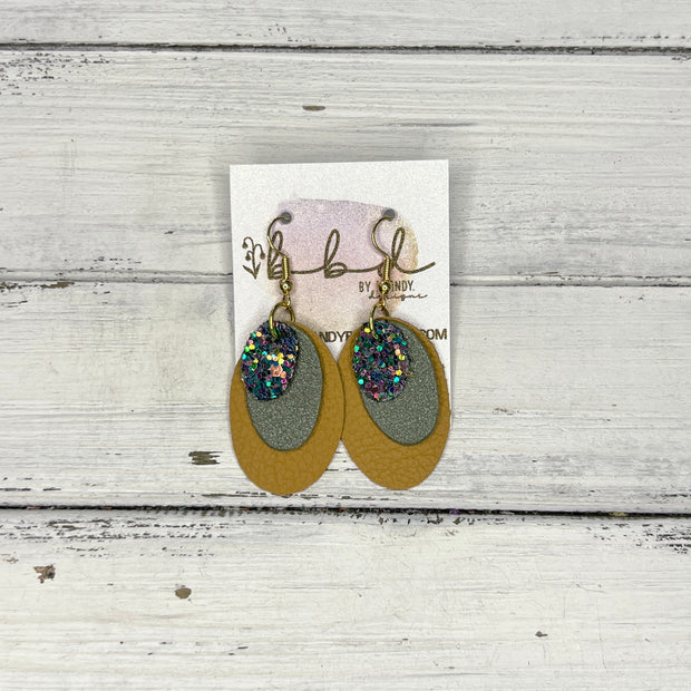 DIANE - Leather Earrings   ||  <BR> FOREST GLITTER (FAUX LEATHER),  <BR>  PEARLIZED OLIVE GREEN, <BR> MATTE MUSTARD YELLOW