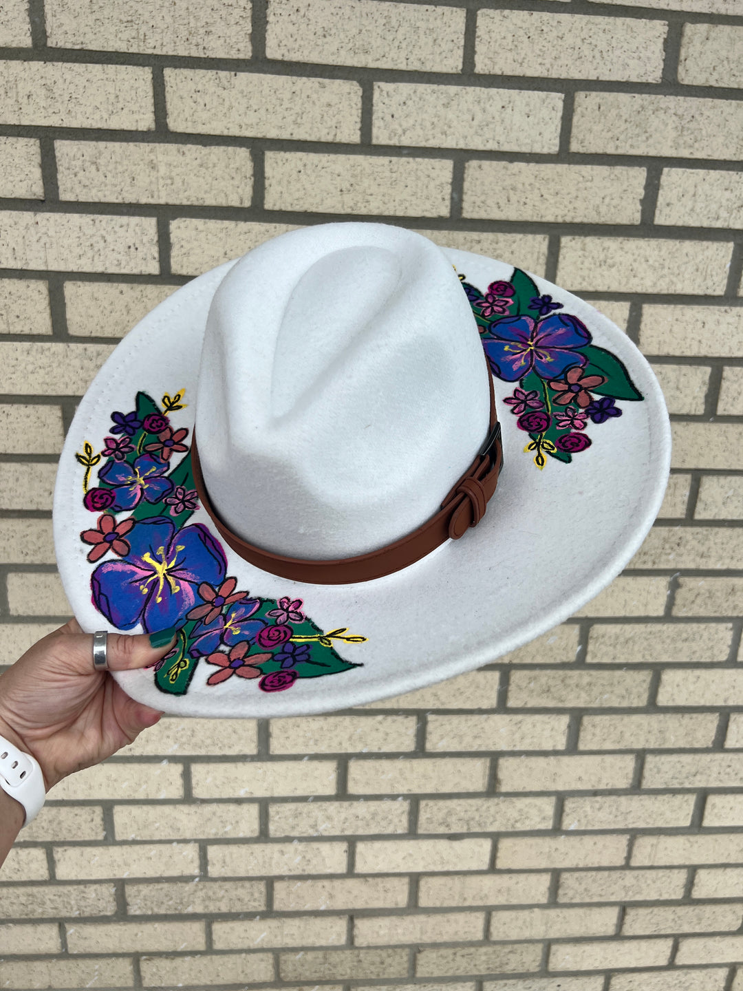 Hand-Painted Felt Hat by Brandy Bell - White with Summer  display picture 2