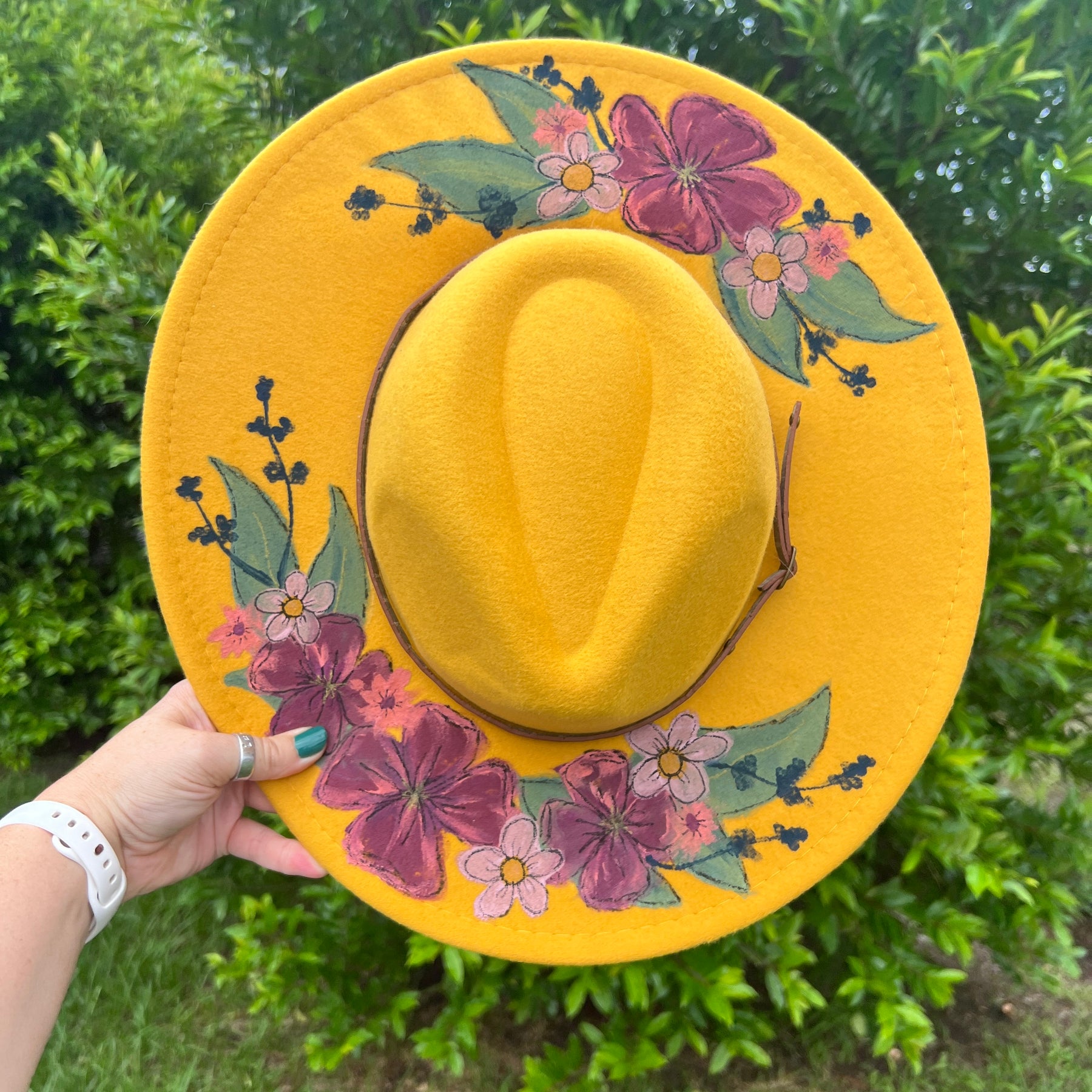 Hand-Painted Felt Hat by Brandy Bell - Mustard with Fall  display picture 1