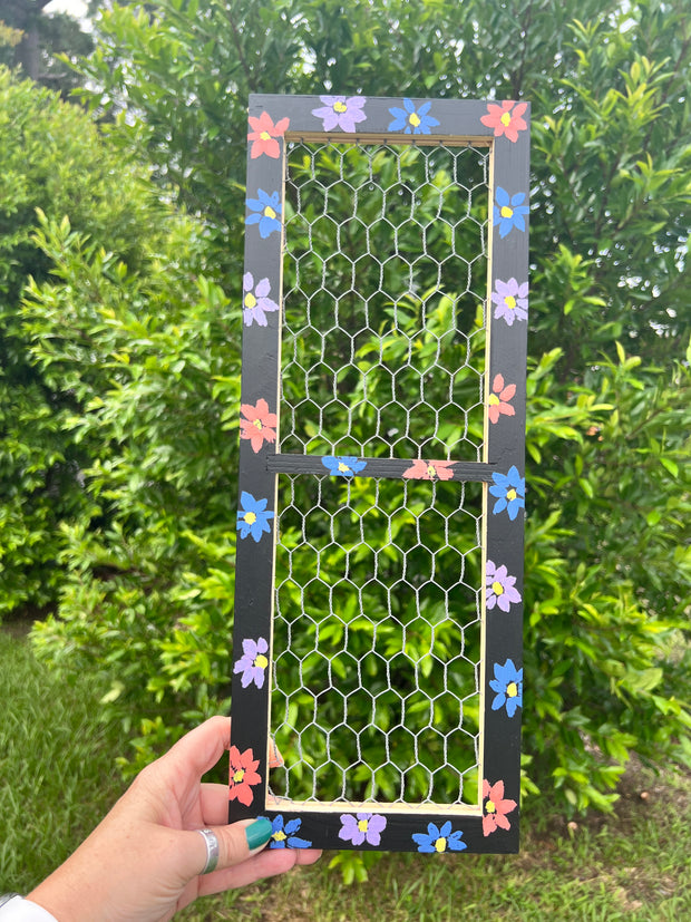 Rectangle Hand-Painted framed by Brandy Bell -EARRING HOLDER with chicken wire (Black with multicolor flowers)