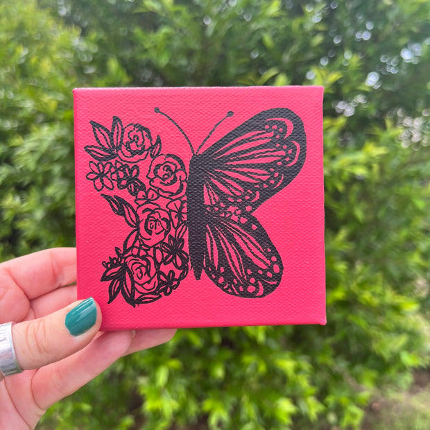 4" x 4" x 1.5" MINI Painting on wrapped canvas by Brandy Bell - Red with Butterfly/Floral