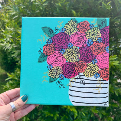 8" x 8" Painting on wrapped canvas by Brandy Bell - Striped Vase on Aqua