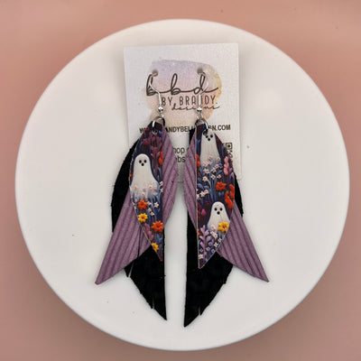 ANDY -  Leather Earrings  ||   <BR> FAUX EMBROIDERY GHOST (FAUX LEATHER), <BR> LAVENDER TEXTURE STRIPE, <BR> MATTE BLACK
