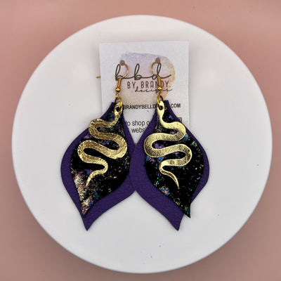 EVE WITH SNAKES -  Leather Earrings  ||   <BR> METALLIC GOLD SMOOTH,<BR> IRIDESCENT NORTHERN LIGHTS <BR> MATTE PURPLE
