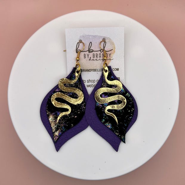 EVE WITH SNAKES -  Leather Earrings  ||   <BR> METALLIC GOLD SMOOTH,<BR> IRIDESCENT NORTHERN LIGHTS <BR> MATTE PURPLE