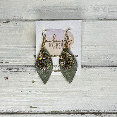 JEAN -  Leather Earrings  ||  <BR>CHUNKY GOLD JEWELS (FAUX LEATHER), <BR>PEARLIZED OLIVE