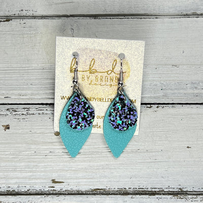 JEAN -  Leather Earrings  ||  <BR>AQUA & BLACK GLITTER (FAUX LEATHER), <BR> MATTE ROBINS EGG BLUE