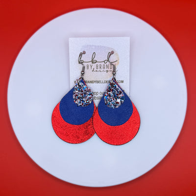 LINDSEY -  Leather Earrings  || <BR>  AMERICANA GLITTER (FAUX LEATHER), <BR> MATTE ELECTRIC BLUE, <BR> METALLIC RED SMOOTH